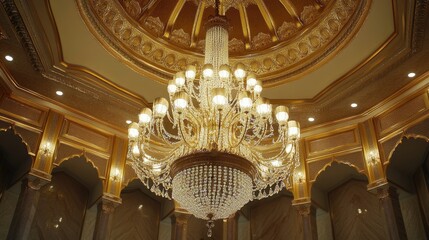 Obraz premium A chandelier casting intricate light patterns on the ceiling and walls of a luxurious room