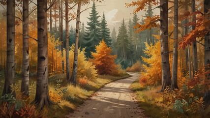 Fototapeta premium Forest Path in Autumn with Soft Light and Shadows 