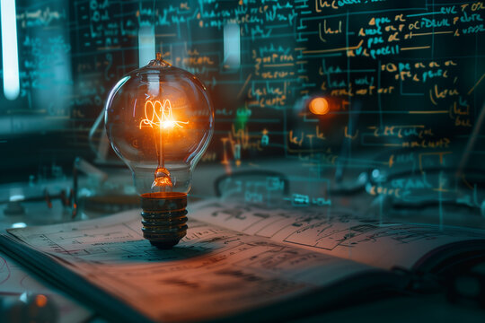  Glowing lamp surrounded by physical and mathematical formulas for science and education