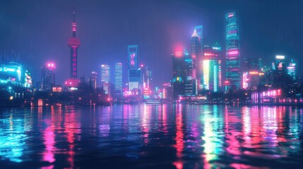 Obraz premium A city skyline at night, with colorful neon lights reflecting off wet streets, creating dynamic light effects