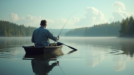 Serene Fisherman on Misty Lake: Peaceful Outdoor Recreation in Scenic Natural Landscape at Dawn