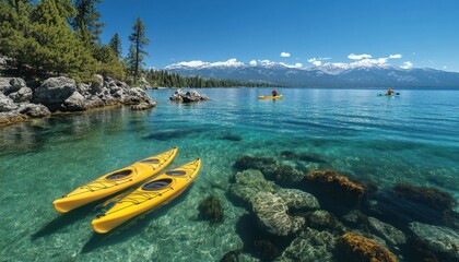 Two Yellow Kayaks Parked Near Rocky Shore with Clear Water and Mountain View