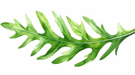 Fototapeta premium Bright, fresh arugula leaves and delicate flowers beautifully illustrated in watercolor on a clean white background.