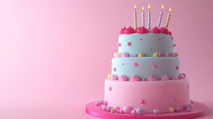 A pink birthday cake with four candles on top
