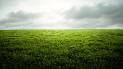 Fototapeta premium wide green field with thick, vibrant grass, set against the backdrop of a cloudy, grey sky