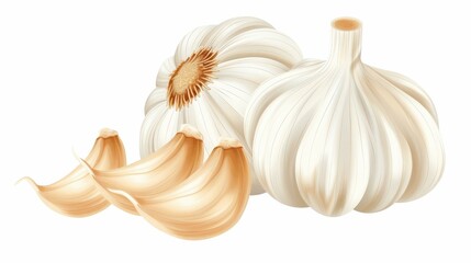 Vibrant watercolor illustration of garlic bulbs and cloves, showcasing their texture and charm on a clean white background.