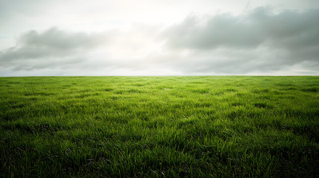 wide green field with thick, vibrant grass, set against the backdrop of a cloudy, grey sky