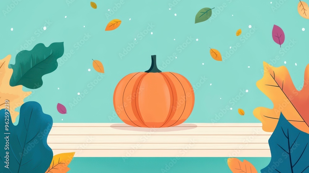 Poster Festive illustration of a pumpkin on a wooden porch, adorned with autumn leaves for a cheerful Thanksgiving vibe.