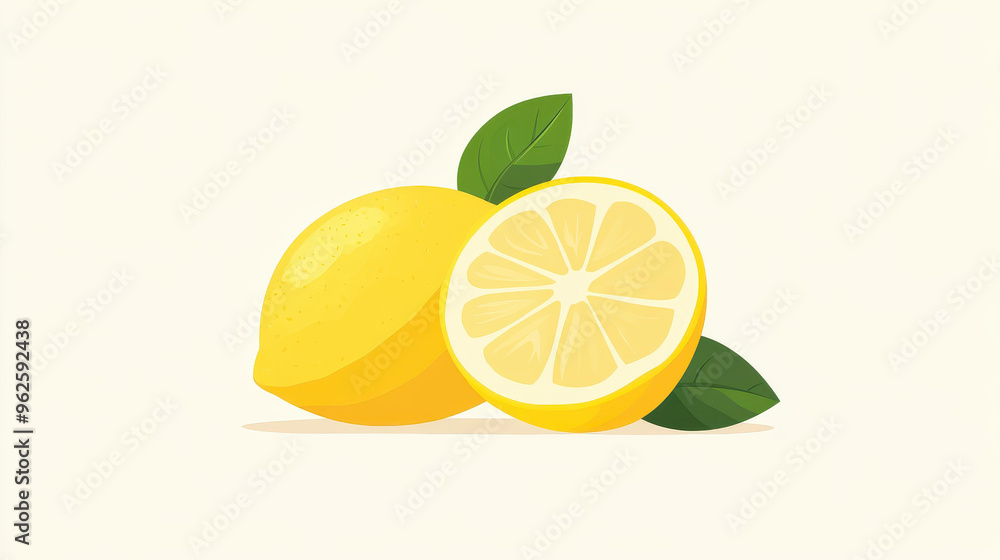 Poster Bright yellow lemon with a vibrant green leaf, perfect for adding a fresh touch to any design or culinary creation. A modern