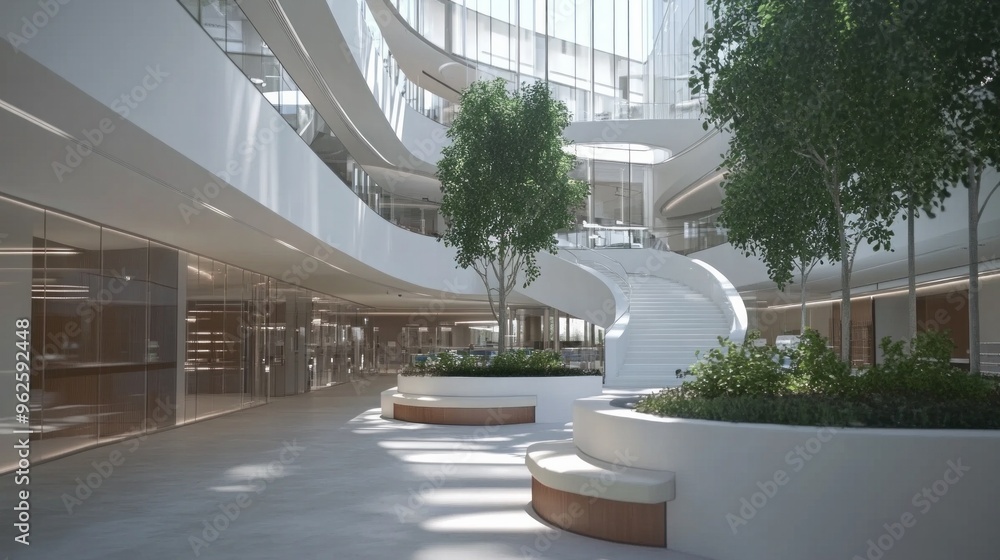 Poster a large, open space with a white staircase and a row of trees