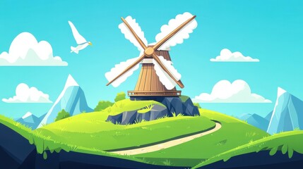 Obraz premium A whimsical windmill stands tall on a floating island, merging cartoon charm with modern flat design and vivid textures.