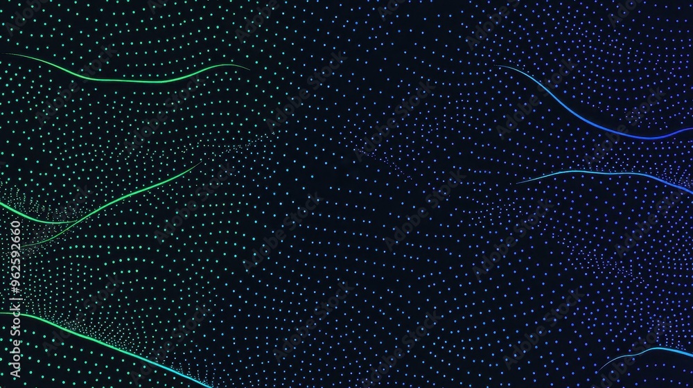 Poster experience a mesmerizing wave of blue and green dot particles, creating an enchanting flow that symb