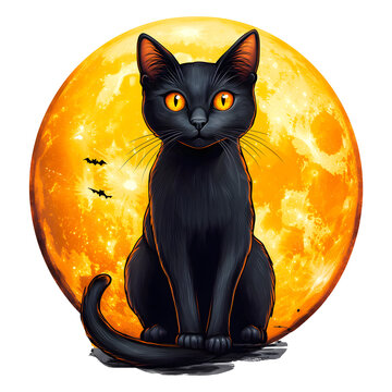 Cute black cat sitting on a pumpkin tshirt design isolated on a transparent background