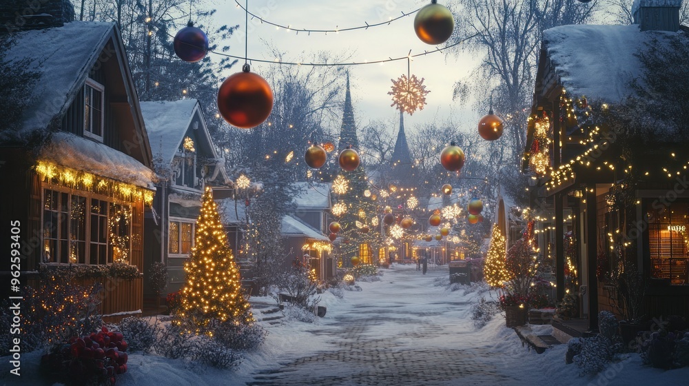 Wall mural Snow-Covered Christmas Village Street with String Lights and Ornaments