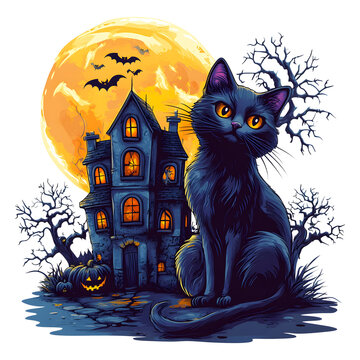Cute black cat sitting on a pumpkin tshirt design isolated on a transparent background