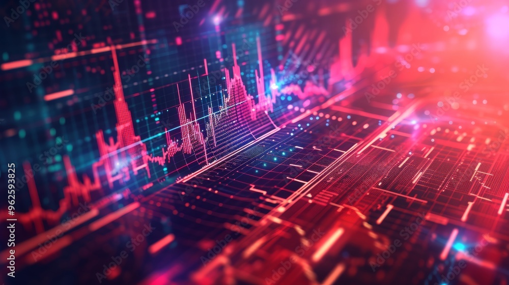 Poster a dynamic visualization of financial data featuring red and blue lights, representing the volatility