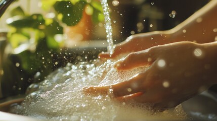 Fototapeta premium A person is washing their hands in a sink with water