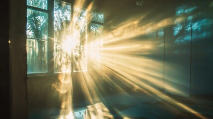 A ray of sunlight hitting a mirror and casting a bright, focused beam of light across a room, with sharp reflections