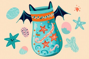 Naklejka premium Sea Creature Jar with Wings
