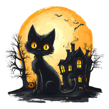 Cute black cat sitting on a pumpkin tshirt design isolated on a transparent background