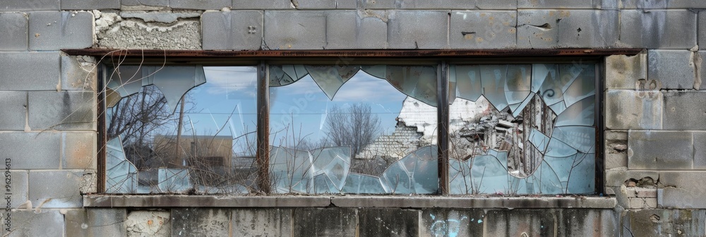 Leinwandbilder stories of neglect and abandonment illustrated through a broken window in a deteriorating cinder blo