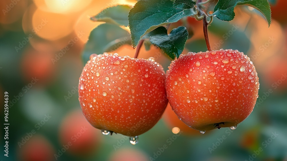 Poster two apples hanging from a tree with raindrops on them