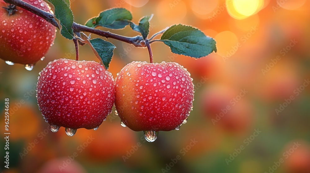 Poster two red apples hanging from a tree with raindrops on them