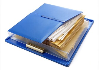 A blue folder with a clear plastic window and a golden stamped logo swings open, revealing a tidy collection of papers and documents inside.
