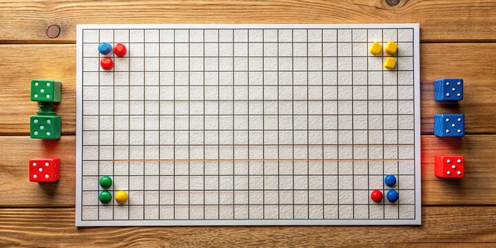 A blank, customizable board game template with a grid layout, game pieces, and dice, awaiting design and play elements on a wooden tabletop background.
