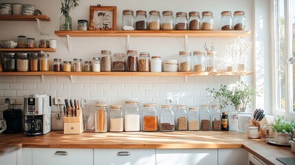 Scandinavian kitchen design, light wood and white theme, floating shelves with glass jars and minimalistic ceramics, organized spice drawer with neatly labeled containers, natural light streaming