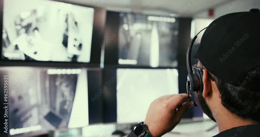Poster Security guard, surveillance and microphone with man in control room for safety management, evacuation protocol and monitor system. Inspection, technology and computer screen with person in office
