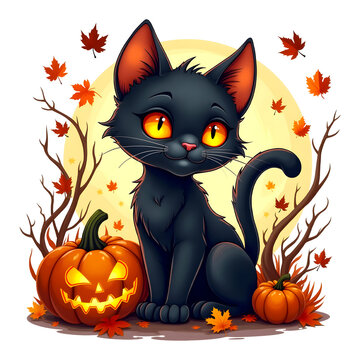 Cute black cat sitting on a pumpkin tshirt design isolated on a transparent background