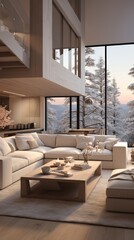 Fototapeta premium Modern home interior with fireplace, Scandinavian style, 3d render 