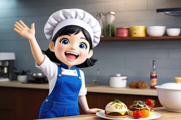 Joyful Kawaii Chef Girl in Blue Overalls 3D Illustration Waving Invitingly