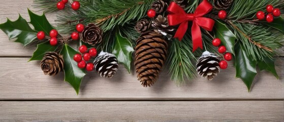 Christmas Decor with Pine Cones and Holly