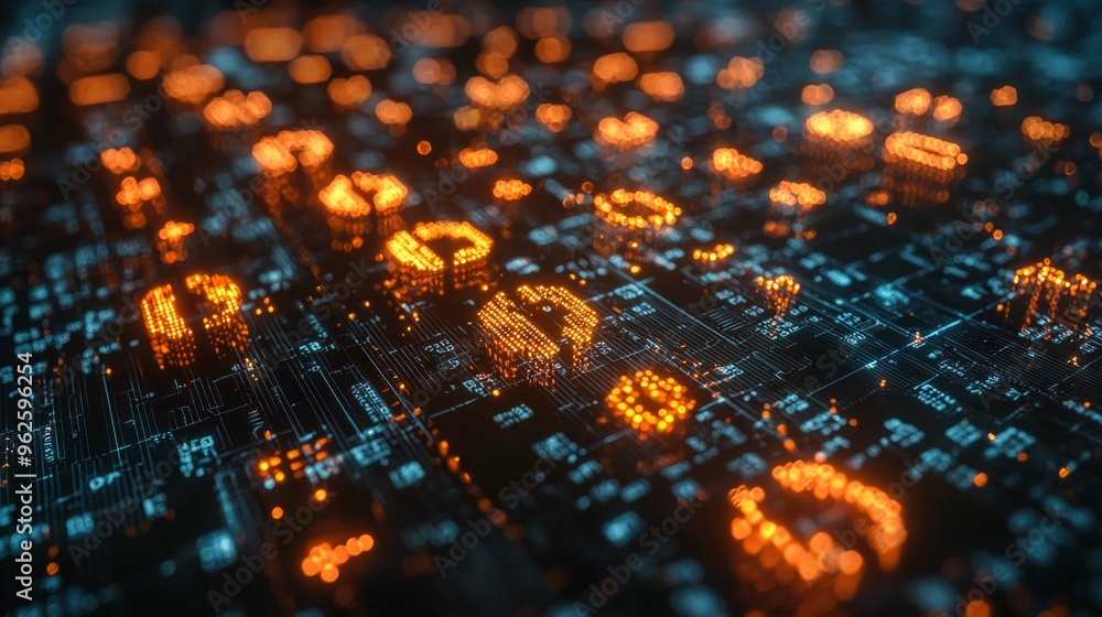 Poster a computer chip with many small orange squares on it