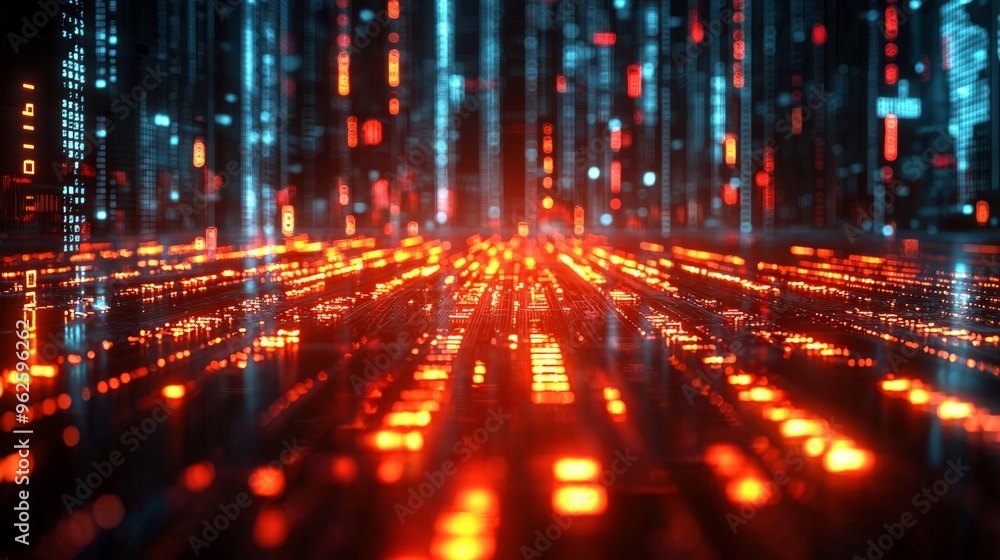 Aufkleber a computer generated image of a cityscape with a red and blue background