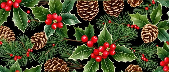 Fototapeta premium Christmas Decoration with Holly and Pine Cones