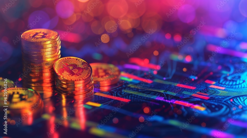 Poster close-up of a stack of bitcoin coins set against a vibrant and colorful digital background. the imag