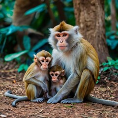 Obraz premium photo beautiful shot of a monkey family with mother, father and baby monkeys gnearated AI.