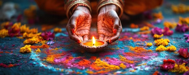 Fototapeta premium Hands lighting a diya on a colorful rangoli, with bright decorations and flowers in the background symbolizing Diwali's unity.