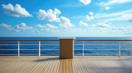 A podium on a cruise ship deck, with the sea and horizon in the background, ready for a announcement