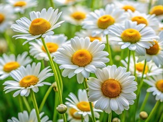 Fototapeta premium Delicate, white, and yellow-petaled marguerite daisy blooms with bright green leaves and slender stems, symbolizing innocence, purity, and new beginnings in a gentle, serene atmosphere.