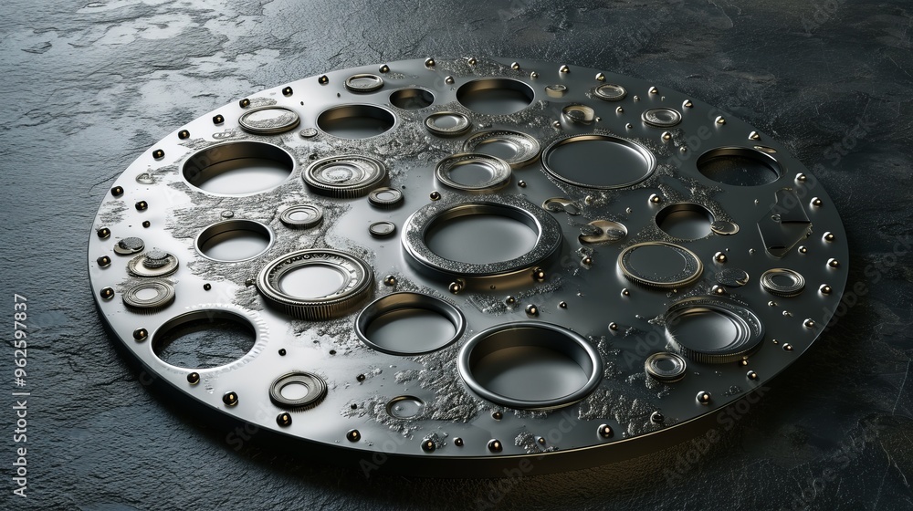 Poster detailed image of metallic circular textures arranged in an industrial pattern. the design showcases