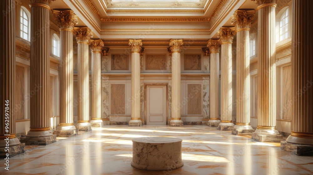 Poster a podium with a marble finish, set in a classical hall with columns and a high ceiling.