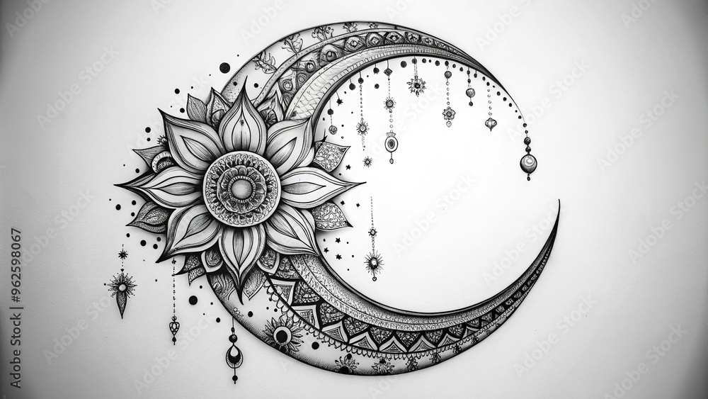 Wall mural Intricate black and white crescent moon tattoo features delicate celestial accents, swirling clouds and stars shining bright against a midnight sky.