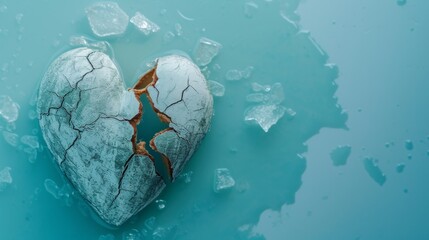 An icy blue heart, cracked open with shards of ice scattered around, set against a matching blue background. The image evokes a sense of coldness, emotional fragility, and isolation, enhanced by the