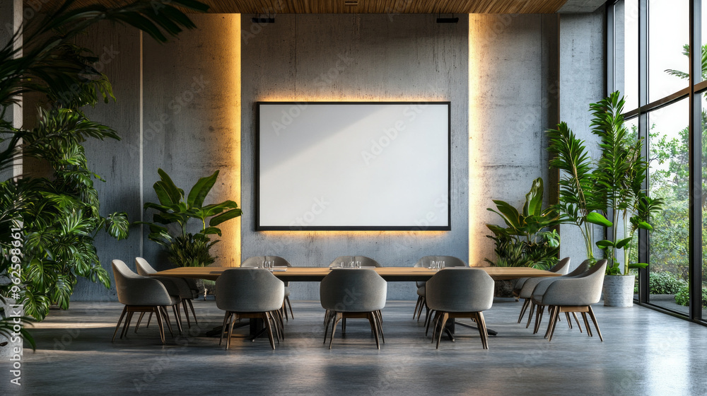 Poster a large white wall with a projector screen and a row of chairs in front of it
