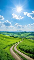 Winding Road Through Green Hills Under Bright Sun