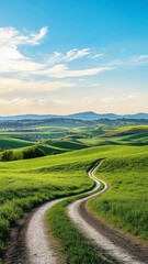 Beautiful green hills landscape with winding country road. Scenic rural valley view. Nature and countryside concept. Panoramic background for travel, tourism, and environmental themes